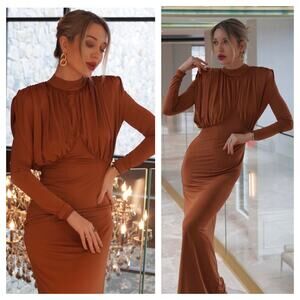 L'ACADEMIE Kemia Maxi Dress Small Brown Jersey Long Sleeve Wedding Revolve Chic